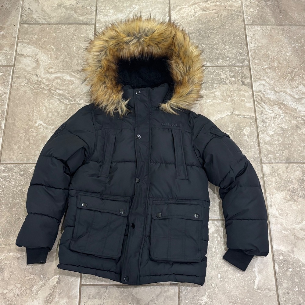 Diesel Kids Black Puffer Parka Jacket Faux Fur Hood Sherpa Lined Size M 10/12